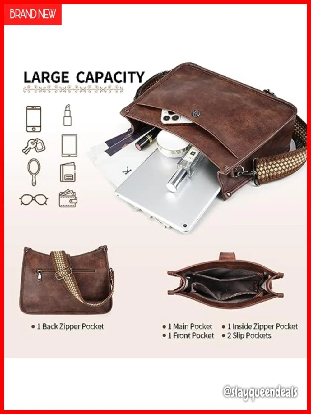 Vegan Leather Hobo Crossbody Bag with 2 Straps, Large Capacity Handbag